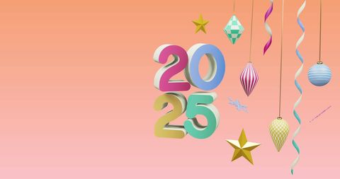 2025 New Year Text with Hanging Holiday Ornaments on Pink Background