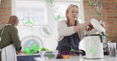 Couple preparing sustainable meal using eco-friendly countertop appliance in sunlit brick kitchen