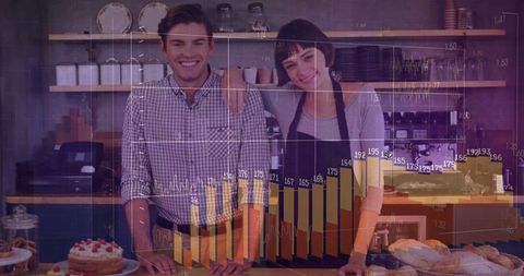 Bakery Team Smiling with Overlaid Statistical Graphs