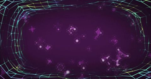 Violet neural network tunnel with pulsing particle cluster and neon wireframe border