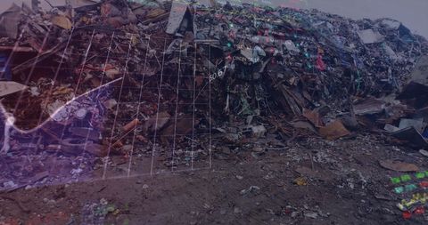 Futuristic Financial Data Overlay on Industrial Junkyard