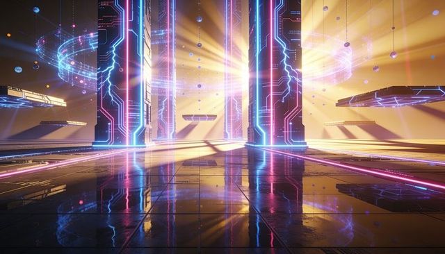 Neon circuit pillars with hovering platforms and glowing orbs in futuristic holographic hall
