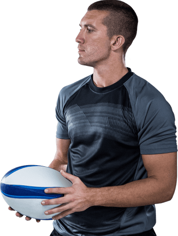 Transparent rugby player holding ball preparing for match