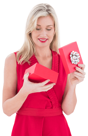 Stylish woman in red dress opening transparent gift box