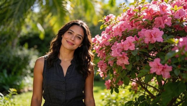 Smiling woman standing beside blooming pink azalea shrub in sunlit tropical garden