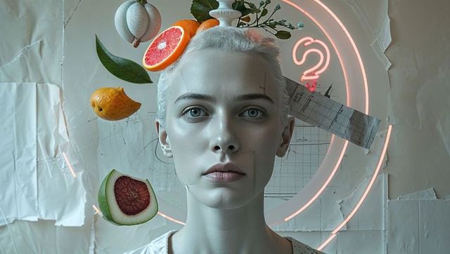 Surreal portrait with citrus and neon installations