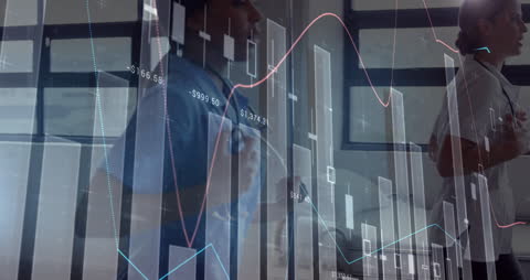 Nurses Exercising with Overlay of Financial Data Visualization