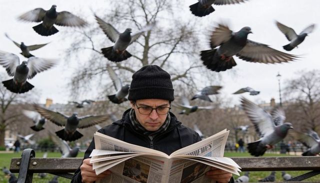 Man reading newspaper on park bench surrounded by flying pigeons and winter trees