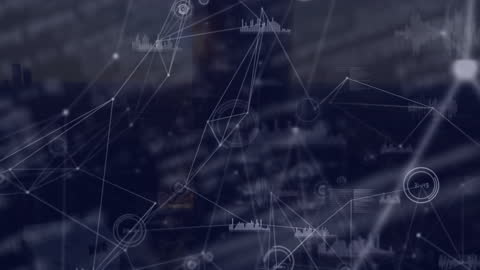 Digital Networks Over City Silhouette with Holographic Data