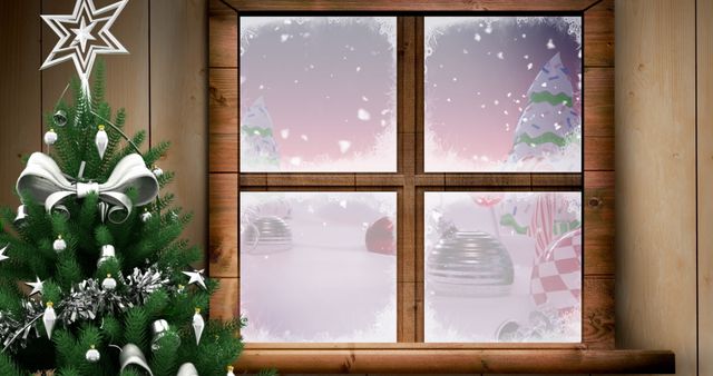 Christmas Scene with Decorated Tree and Snowy Window View - Download Free Stock Images Pikwizard.com