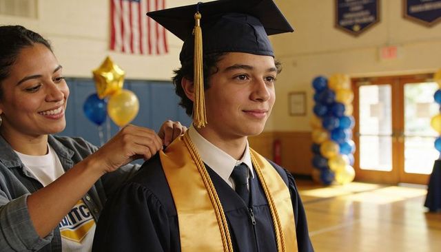 Hs graduate preparing for ceremony, family member adjusting gold stole in gymnasium