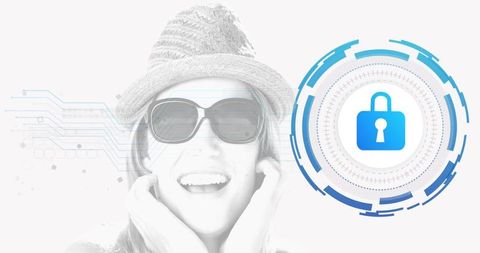 Smiling woman linking fashion with cybersecurity padlock icon