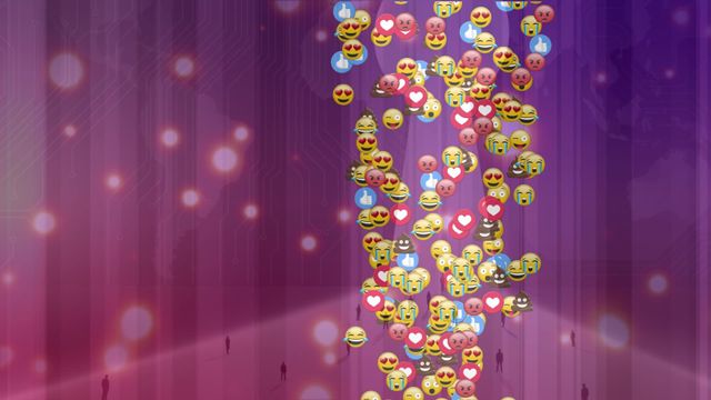 The video features a variety of 3D emoticons floating against a purple background with spotlights, representing the digital and animated interaction commonly seen in social media. This visual mix captures the essence of online communication and networking, making it perfect for illustrating themes related to social media, digital technology, user engagement, and virtual interactions. Ideal for use in digital marketing presentations, social media campaigns, website designs, and tech-related articles.