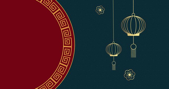 Elegant digital representation of Chinese lanterns and floral motifs on vibrant red and black design. Captures essence of Chinese tradition and festive elegance, suitable for Chinese New Year cards, invitations, cultural event promotions, or themed marketing materials.