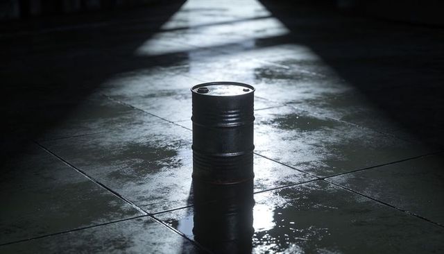 Rusty Steel Drum Lit by Overhead Beam on Wet Industrial Tile Floor with Reflections