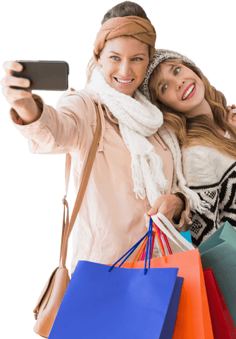 Transparent Happy Women Shopping and Taking Selfie