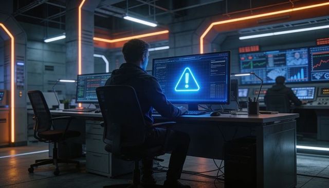 Cybersecurity operations center technician monitoring critical alert on monitor