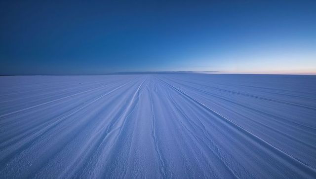 Wind-sculpted sastrugi ridges converging across frozen plain during twilight glow