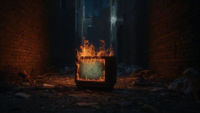 Burning crt tv in dark alley and firelight illuminating abandoned surroundings