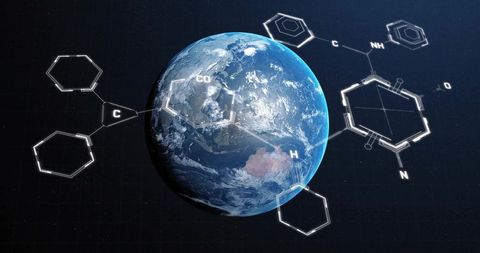 Global chemistry network orbiting earth with molecular wireframes and tech data visualization