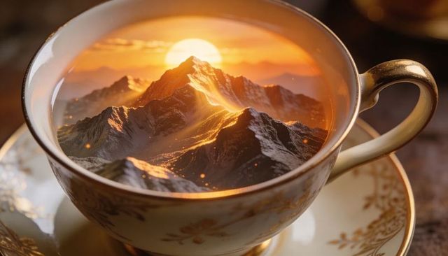 Miniature sunlit mountain nesting inside ornate gold-rimmed porcelain teacup at sunrise