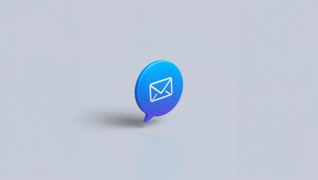 Floating blue chat bubble with mail outline, 3d glossy gradient, soft shadow and reflection
