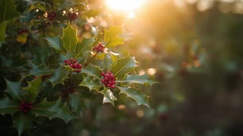 Shifting focus revealing backlit holly berries and glossy leaves at golden hour