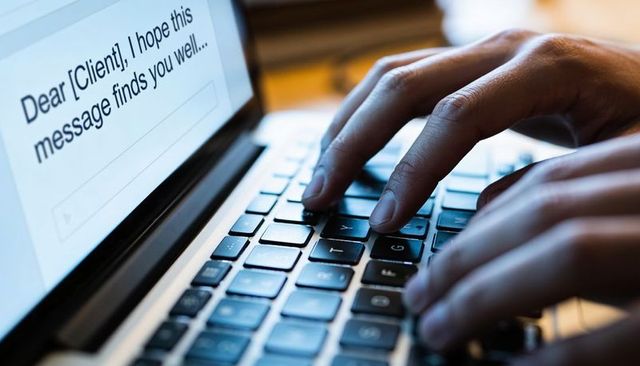 Closeup adult hands typing client email on laptop keyboard for remote work communication