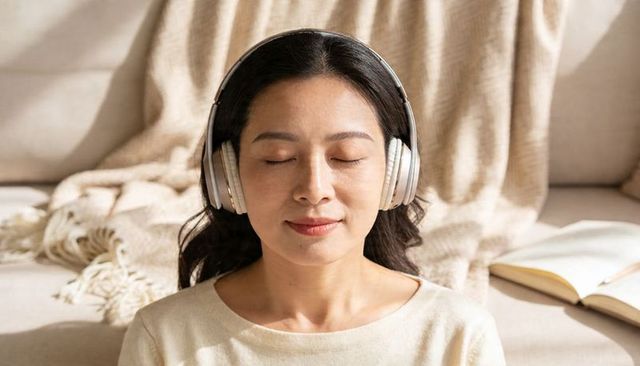 Adult woman listening with wireless headphones while relaxing on cozy beige couch, eyes closed