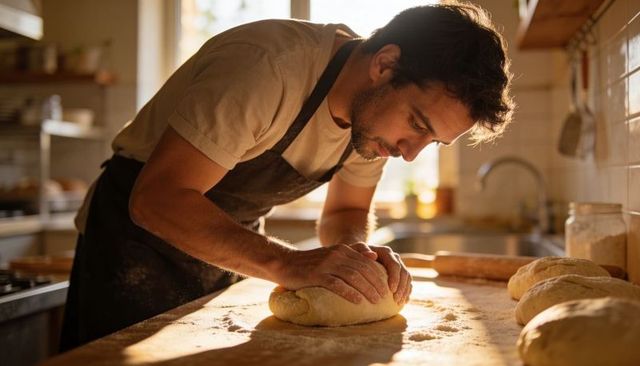 Artisan baker kneading dough on sunlit wooden counter in rustic home kitchen