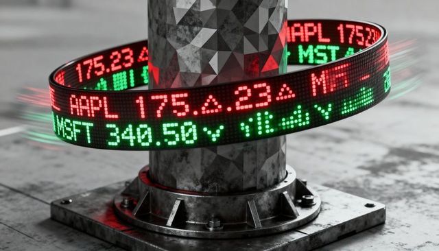 Led stock ticker ribbon wrapping faceted metal column with bolted base and motion blur