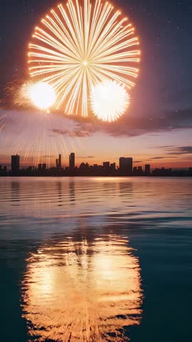 Vertical fireworks display over city skyline reflecting on water at dusk
