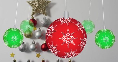 Elegant Christmas Baubles Display with Red and Green Decorations