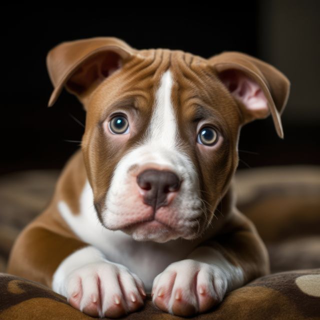 Portrait of brown and white pitbull puppy resting on pillow, created using generative ai technology. Animal, dog and pet concept digitally generated image.