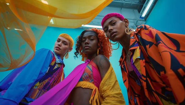 Posing fashion trio wearing bold colorblock jackets and hoop earrings in turquoise studio