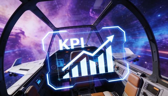 Futuristic Spacecraft Cockpit Displaying Holographic KPI Growth Chart Above Nebula