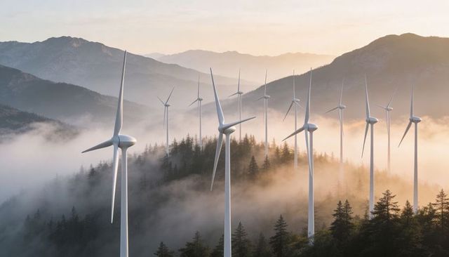Spinning wind turbines towering above mist-filled alpine ridge at golden sunrise over conifer forest
