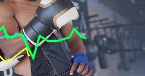 Boxer raising glove in ring with neon ECG waveform overlay conveying strength and stamina