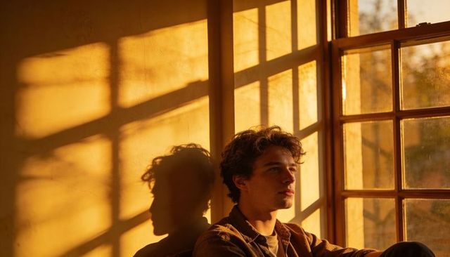 Young man sitting by paned window at golden hour, warm sunlight casting shadows
