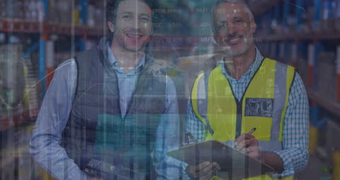 Warehouse Supervisors with Digital Financial Graphics Overlay