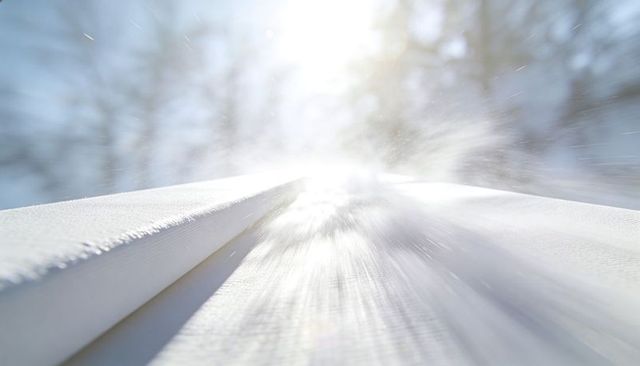 Sunlight sliding across frosted planks on snowy railing with drifted snow and lens flare