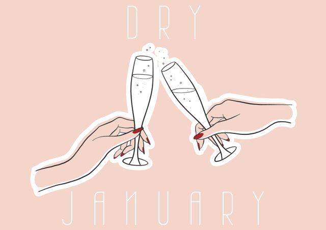 Vector image of dry january text and women toasting champagne flutes on peach background, copy space. public health campaign, vector and alcohol abuse.