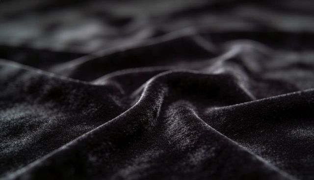 Midnight black velvet fabric showing soft pile, reflective sheen and elegant folds