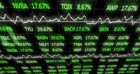 Neon green stock market ticker wall with sparklines and digital percentage readouts