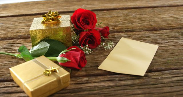 This image showcases a romantic gift arrangement. Two gold gift boxes and three red roses rest artistically on a rustic wooden table, accompanied by a blank card, perfect for personalized messages. It can be ideal for promoting Valentine's Day sales, anniversary celebrations, romantic surprises, or any special occasion. It highlights themes of love, romance, and attention to detail.