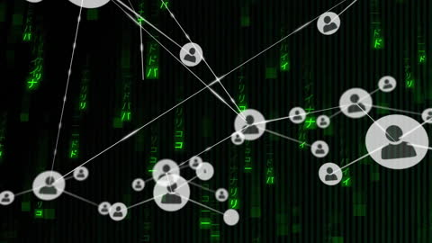 Digital Network Connection with Monochrome Icons on Matrix Background