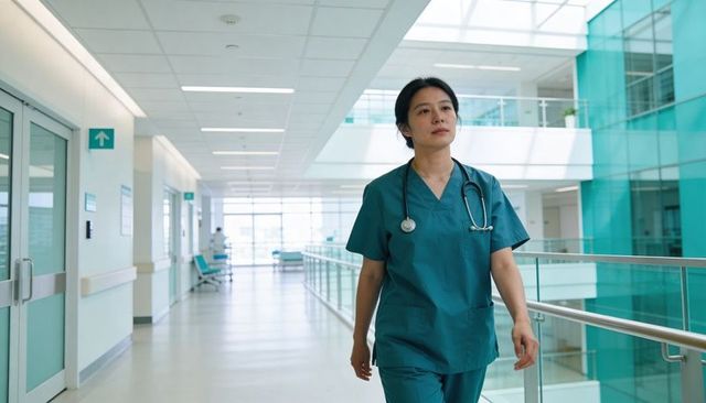 Nurse walking through bright modern hospital atrium wearing teal scrubs and stethoscope