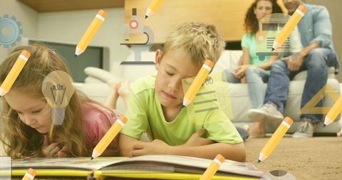 Children Reading Book on Floor as Parents Relax on Couch in Cozy Living Room