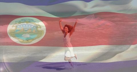Carefree Woman Enjoying Beach Freedom with Costa Rican Flag Overlay
