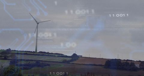 Wind Turbine with Circuit Overlay Symbolizing Technological Innovation